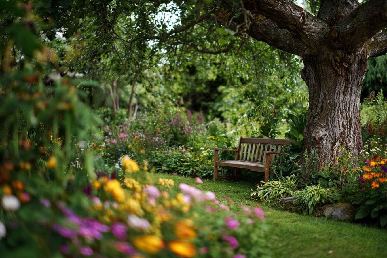 Jardin verdoyant avec banc en bois
