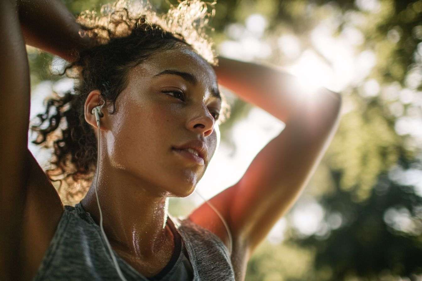 Runner s étirant dans un parc ensoleillé