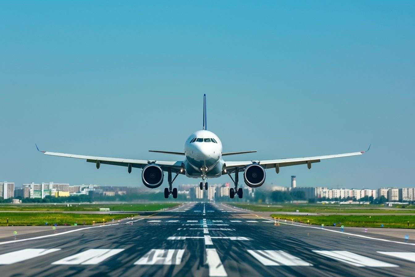 Approche d un avion avec train d atterrissage sorti sous un ciel bleu