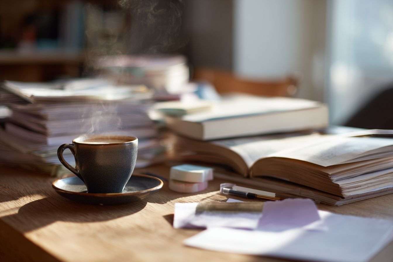 Bureau avec livres ouverts, fournitures et café