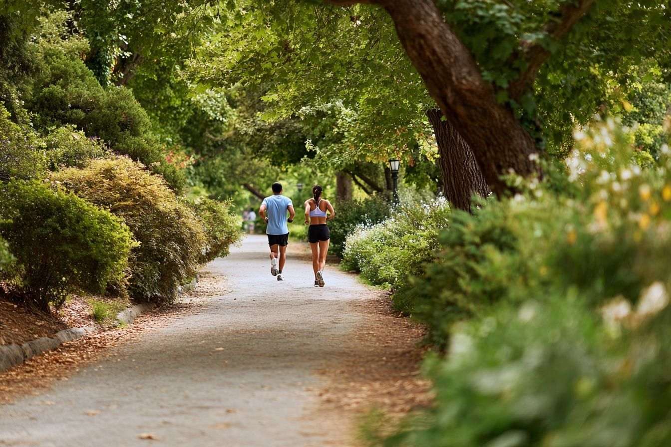 Chemin sinueux à travers un parc pittoresque avec des coureurs