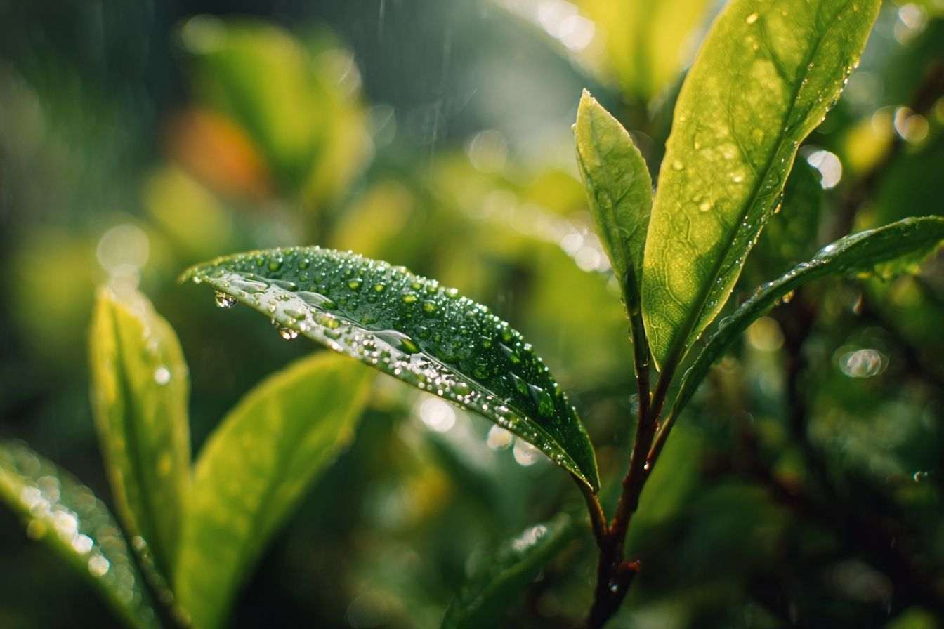 Gouttes de pluie scintillantes sur feuilles vertes