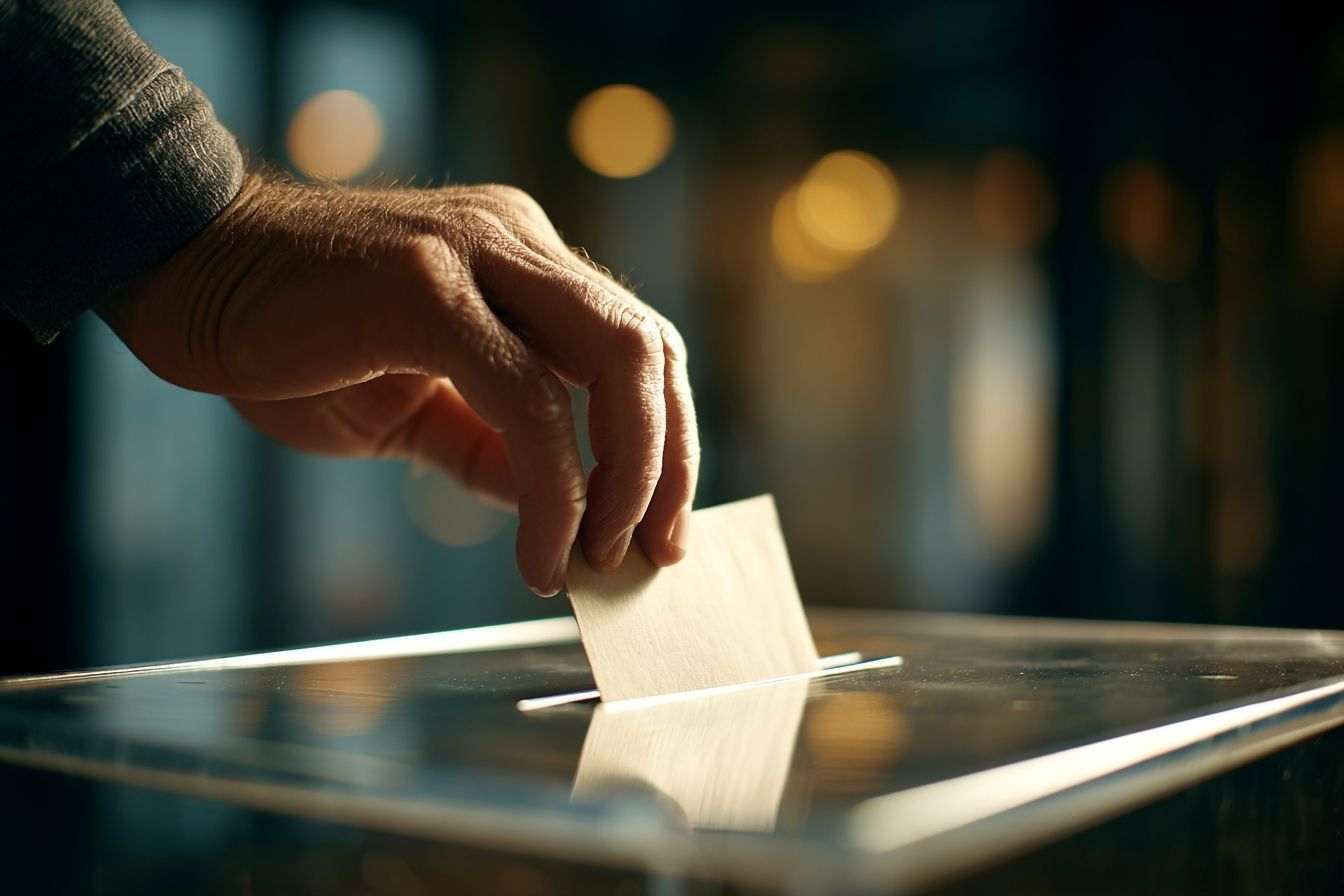 Gros plan d une main insérant un bulletin de vote dans une urne transparente