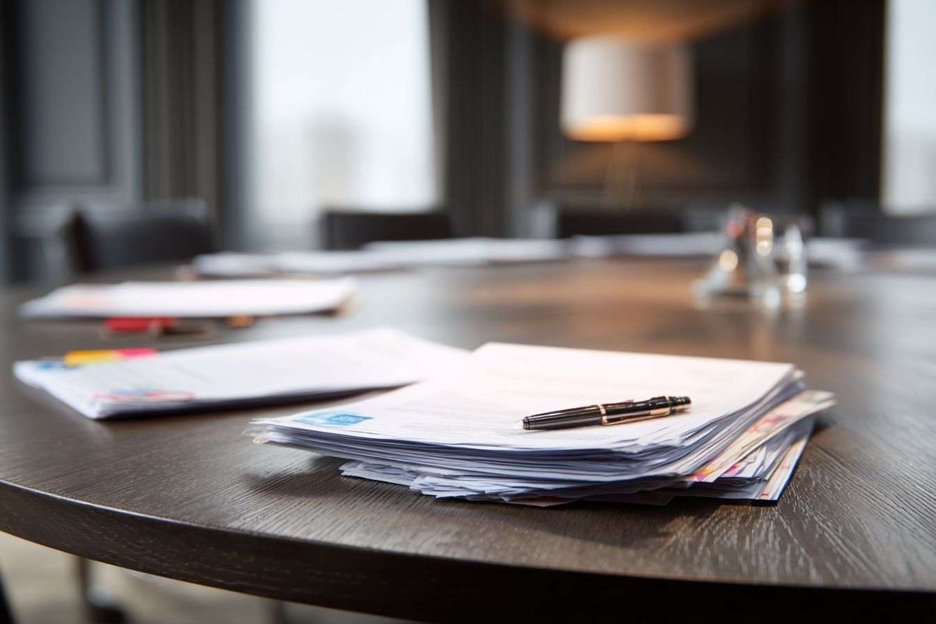 Gros plan d une table ronde avec documents et stylos