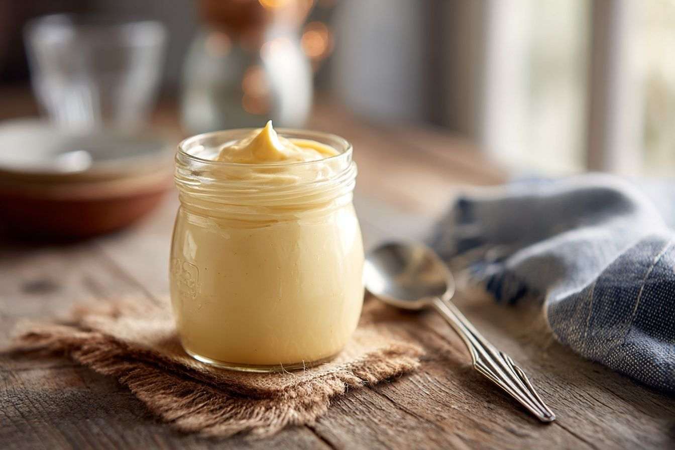 Jarre de mayonnaise maison dorée sur comptoir rustique