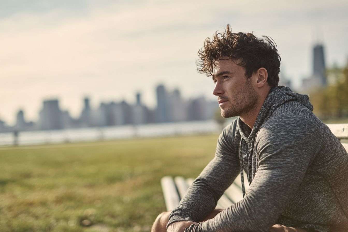 Runner contemplatif sur un banc de parc