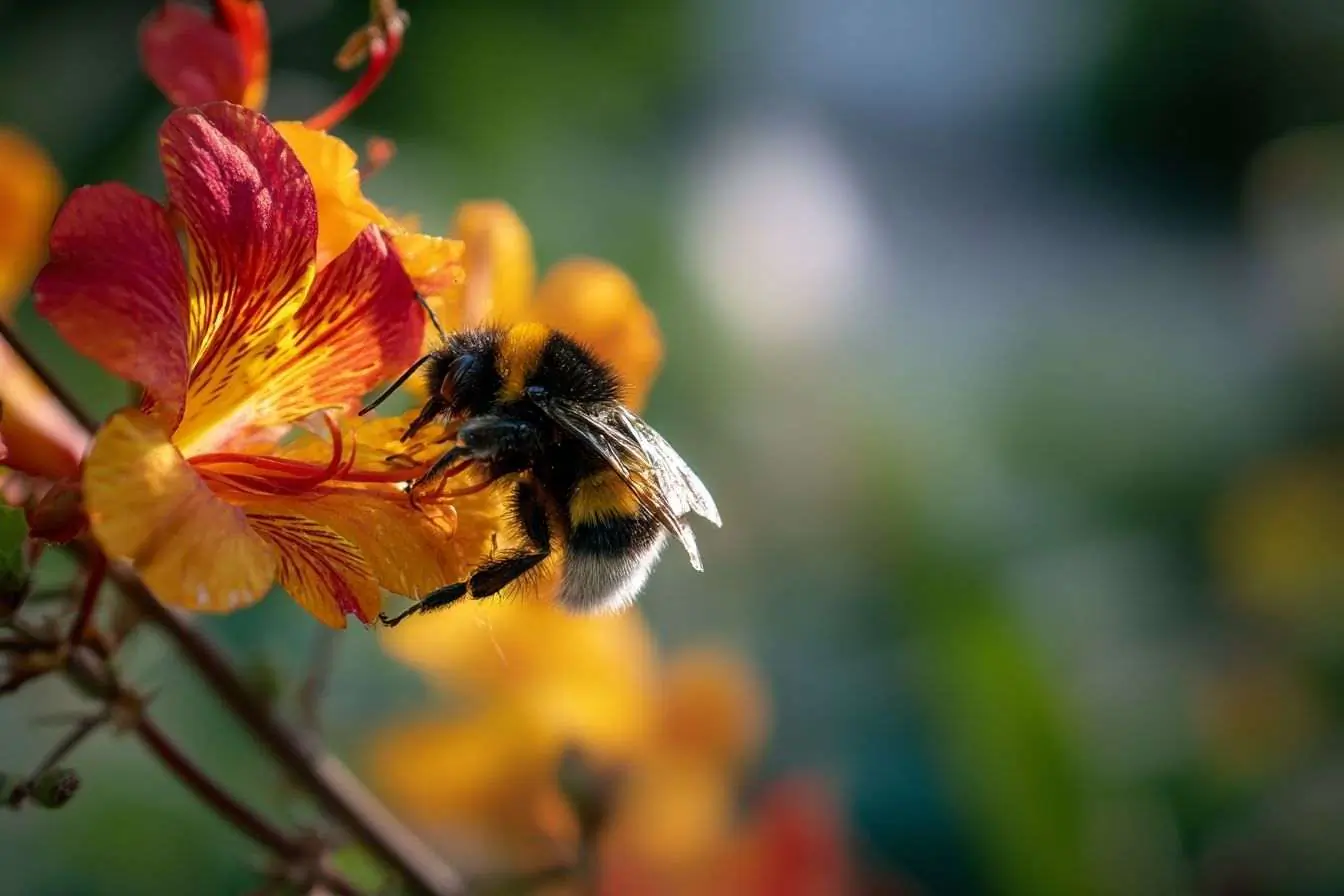 Image d'un bourdon sur une fleur vibrant de couleur, dans un jardin en pleine lumière naturelle.