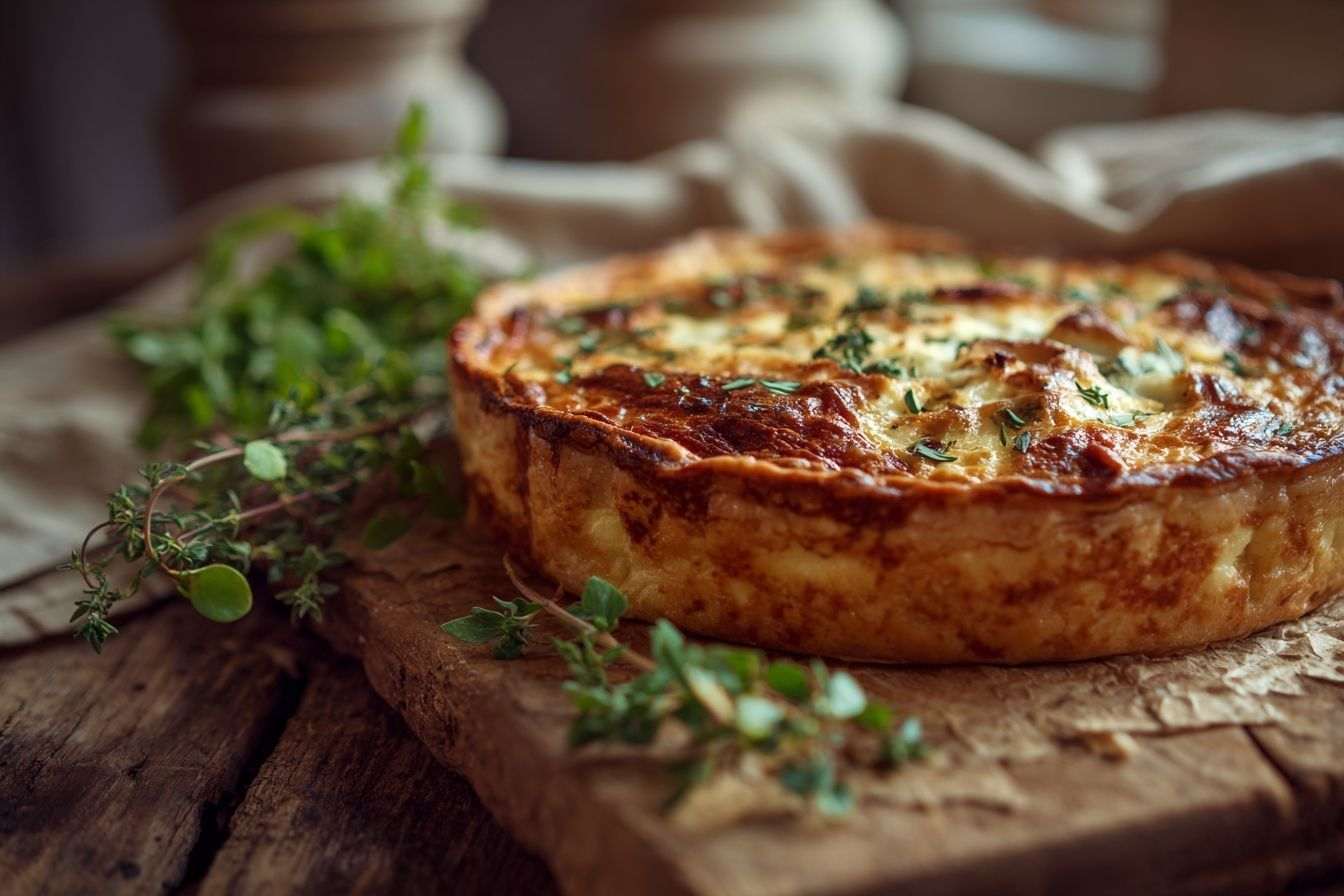 Quiche lorraine dorée sur table rustique