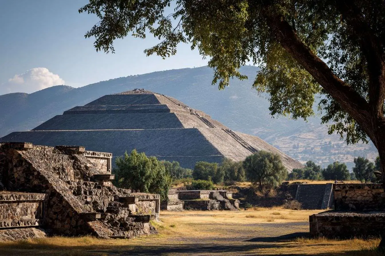Paysage emblématique de la Pyramide du Soleil surplombant les ruines anciennes à Teotihuacan au Mexique.