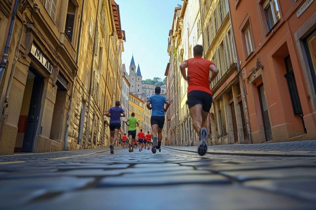 Coureurs à travers les rues historiques de lyon