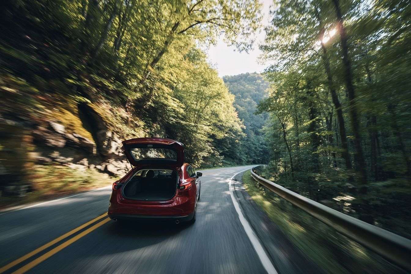 Vue panoramique d une voiture sur route sinueuse