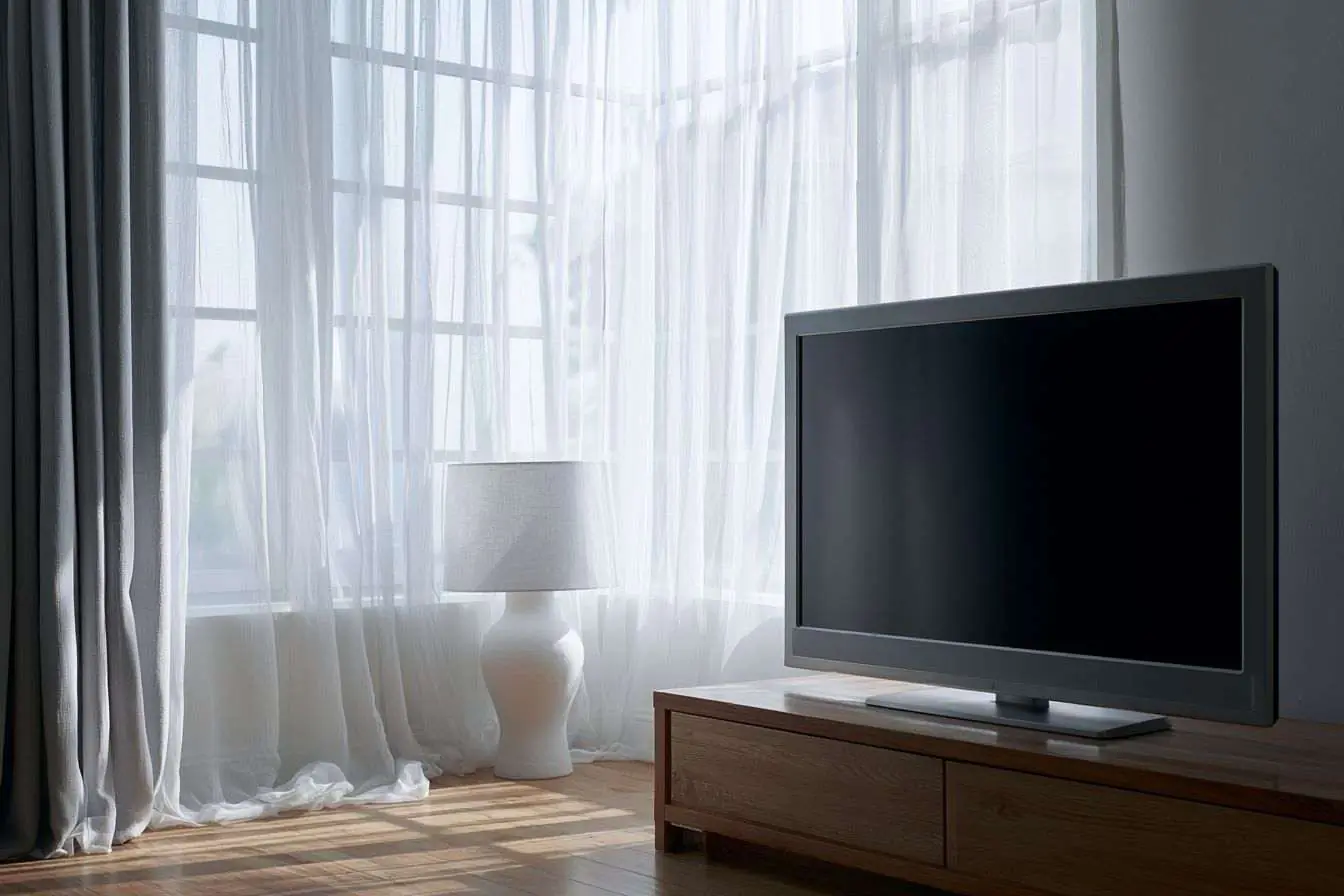 Décoration intérieure minimaliste avec une télévision non allumée et une douce lumière passant à travers les rideaux