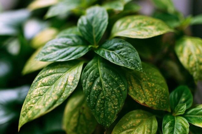 Gros plan de feuilles de plante avec signes subtils de croissance fongique