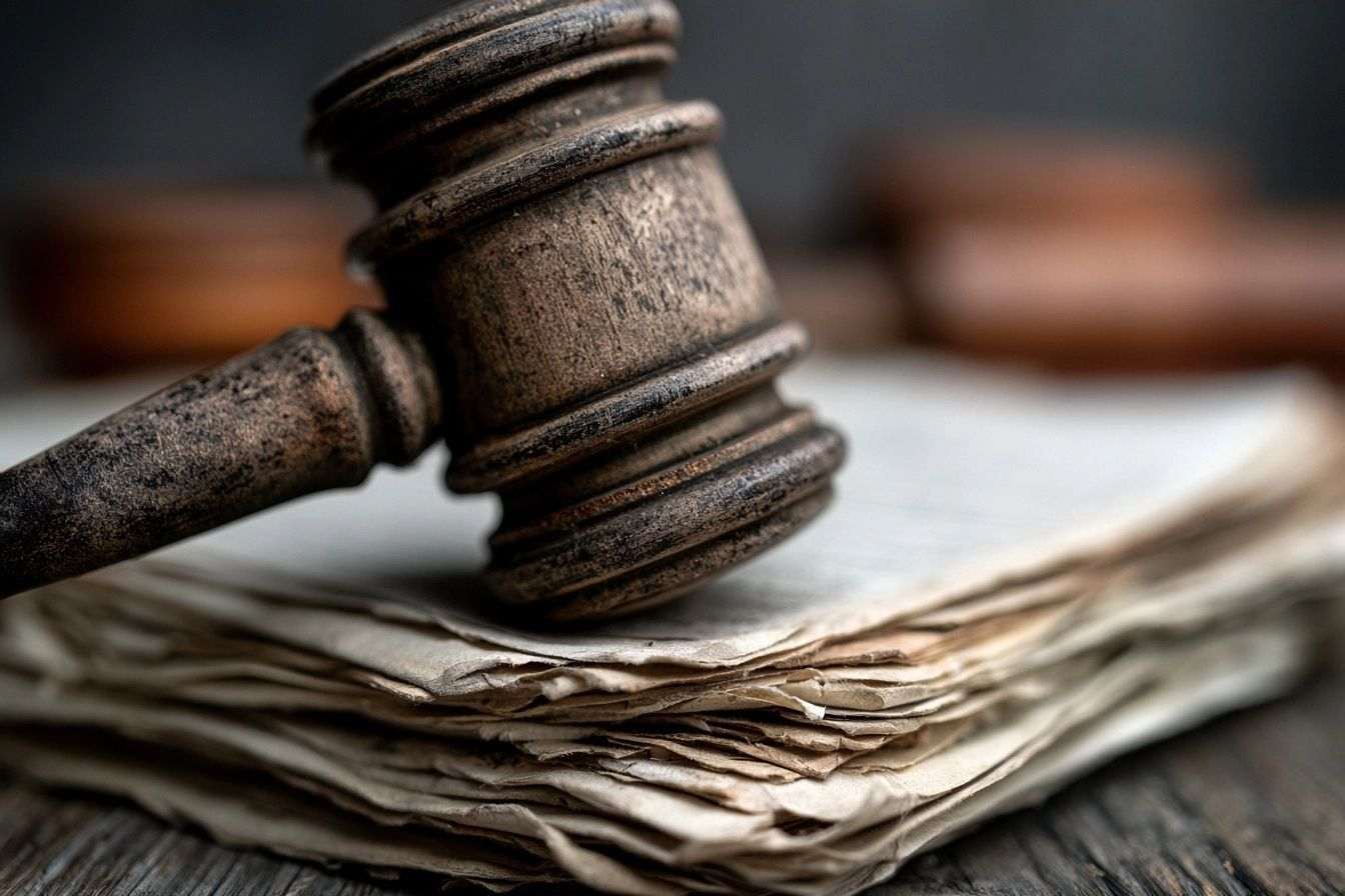 Marteau usé sur documents juridiques négligés