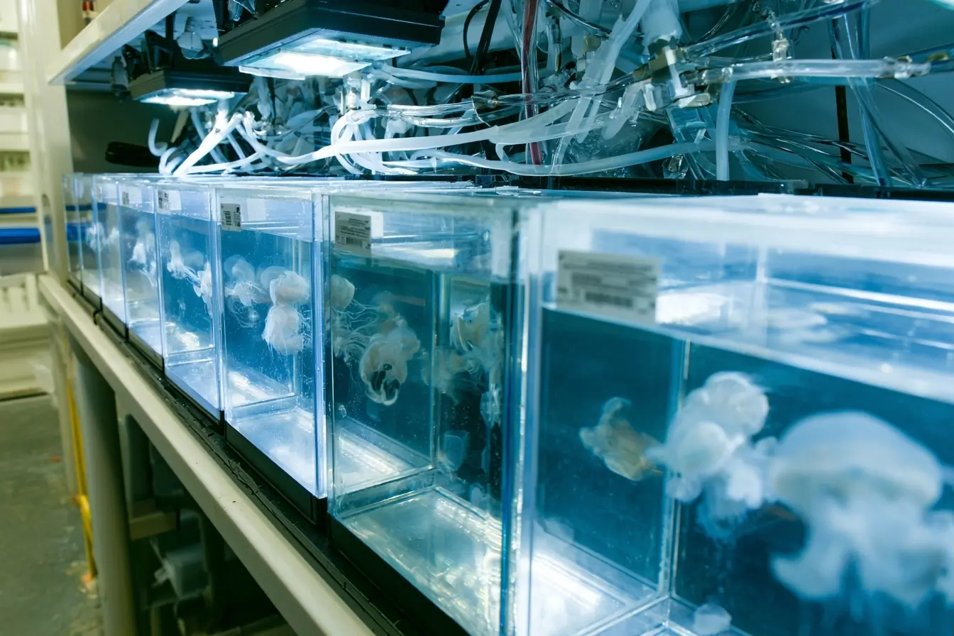 Bacs de laboratoire avec petites méduses