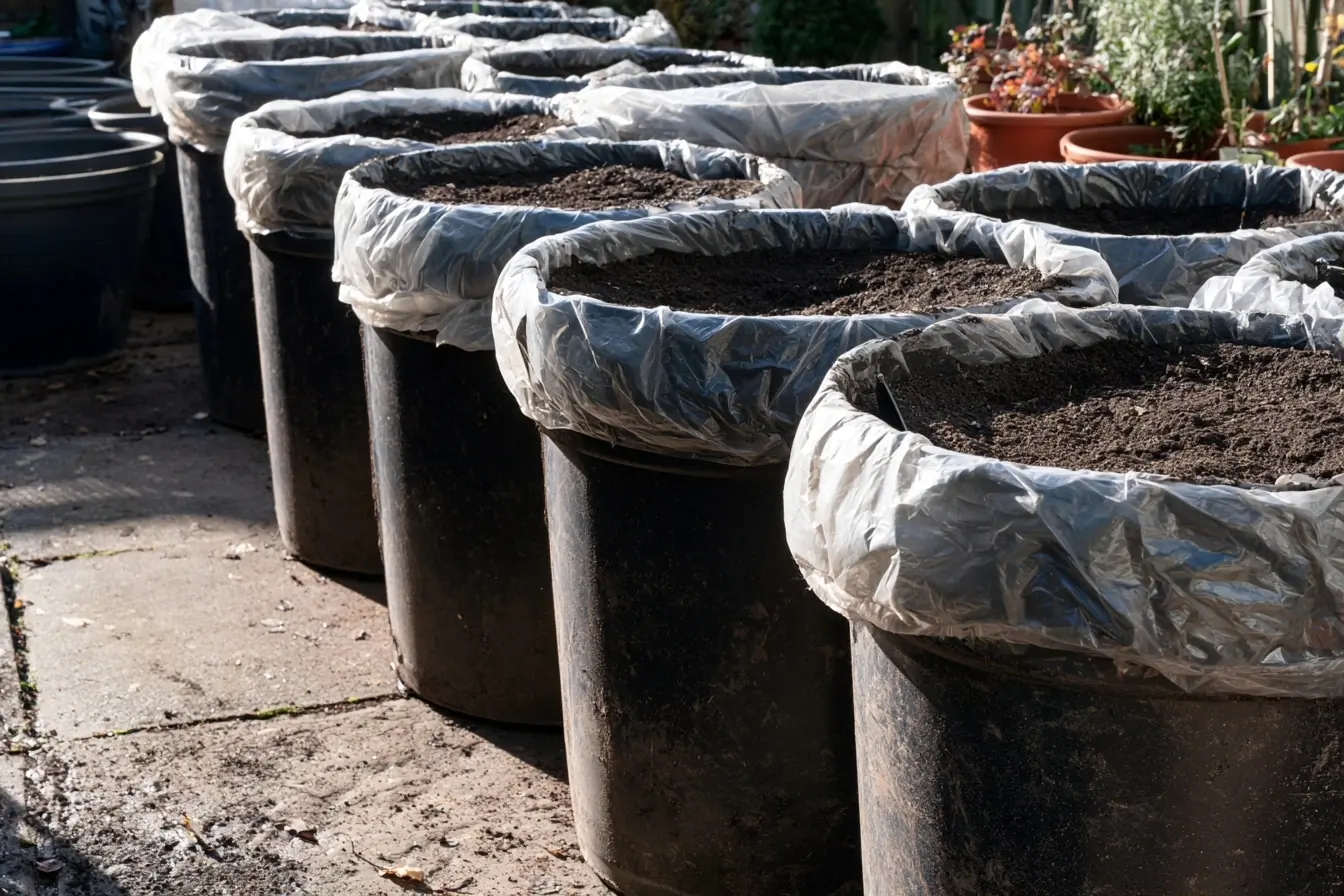 Bacs de terreau couverts au soleil