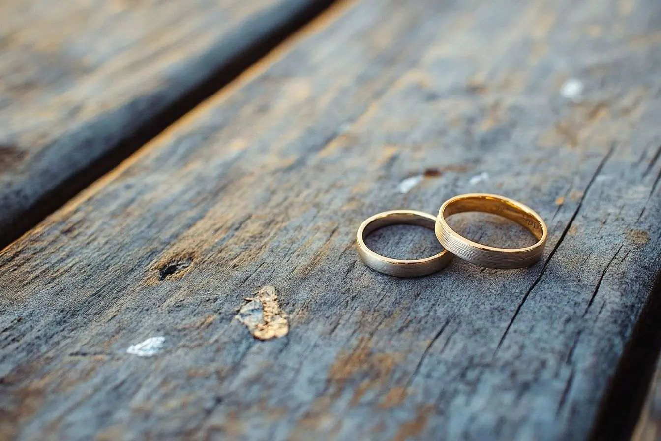 Deux alliances posées sur une table en bois patiné, réminiscence d'un passé commun.