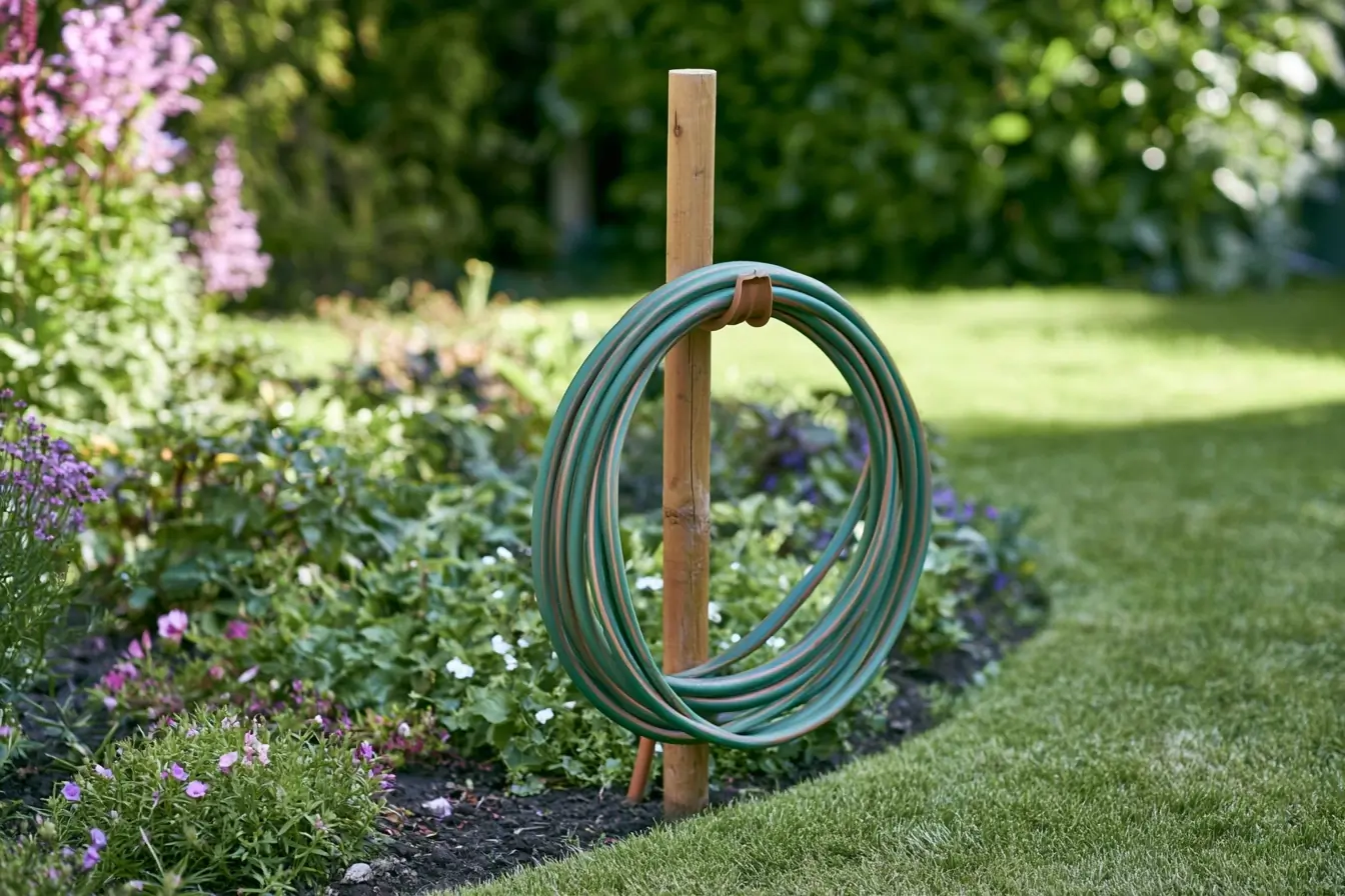 Tuyau enroule sur piquet dans le jardin