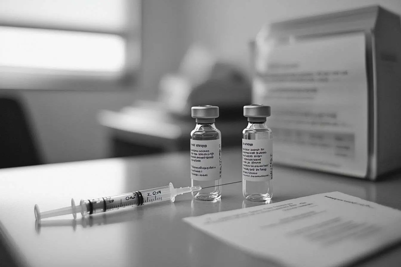 Une image d'un flacon de vaccin soigneusement disposé à côté d'une seringue sur une table médicale.