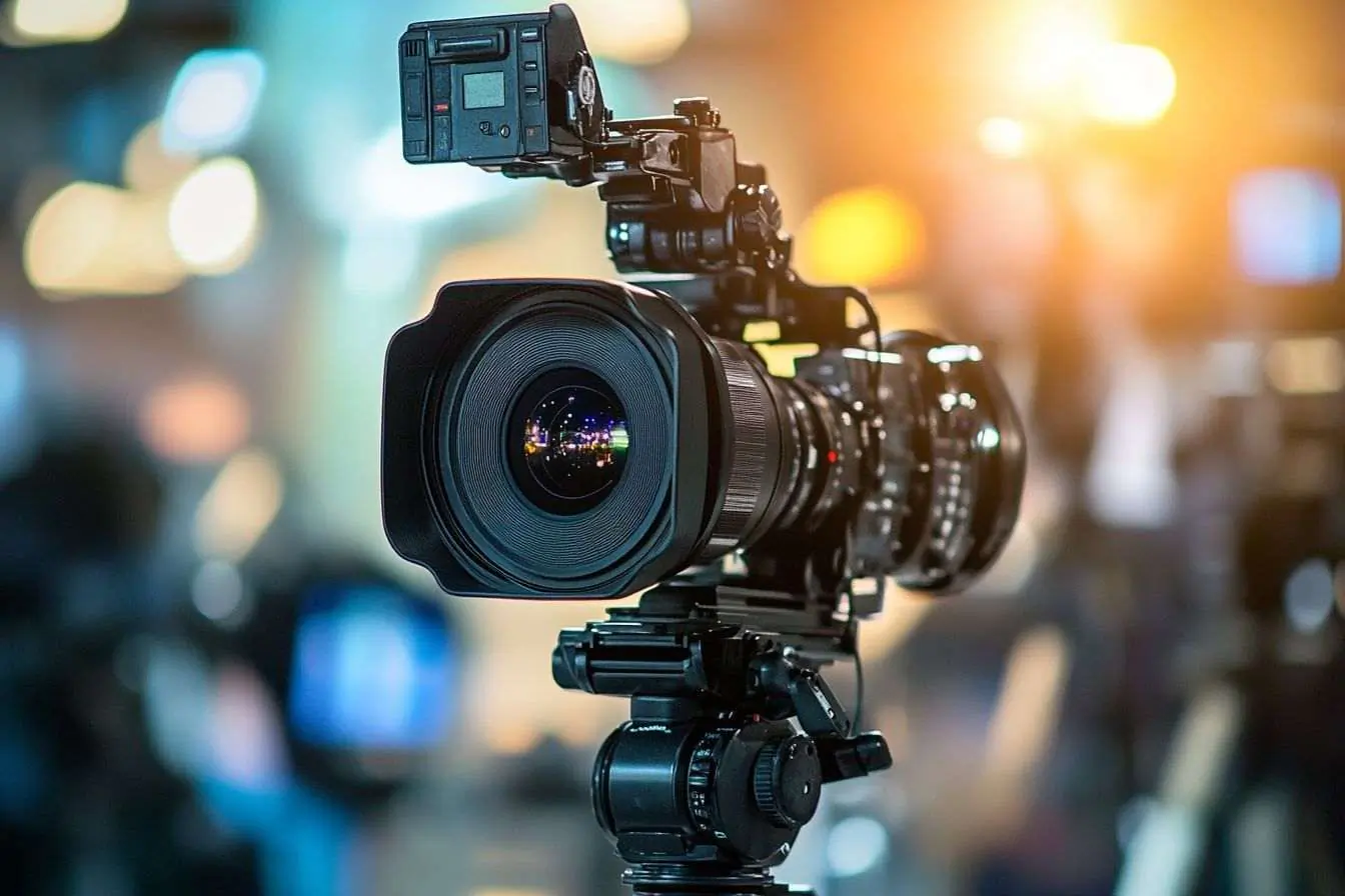Vue rapprochée d'une caméra professionnelle sur trépied dans un studio éclairé