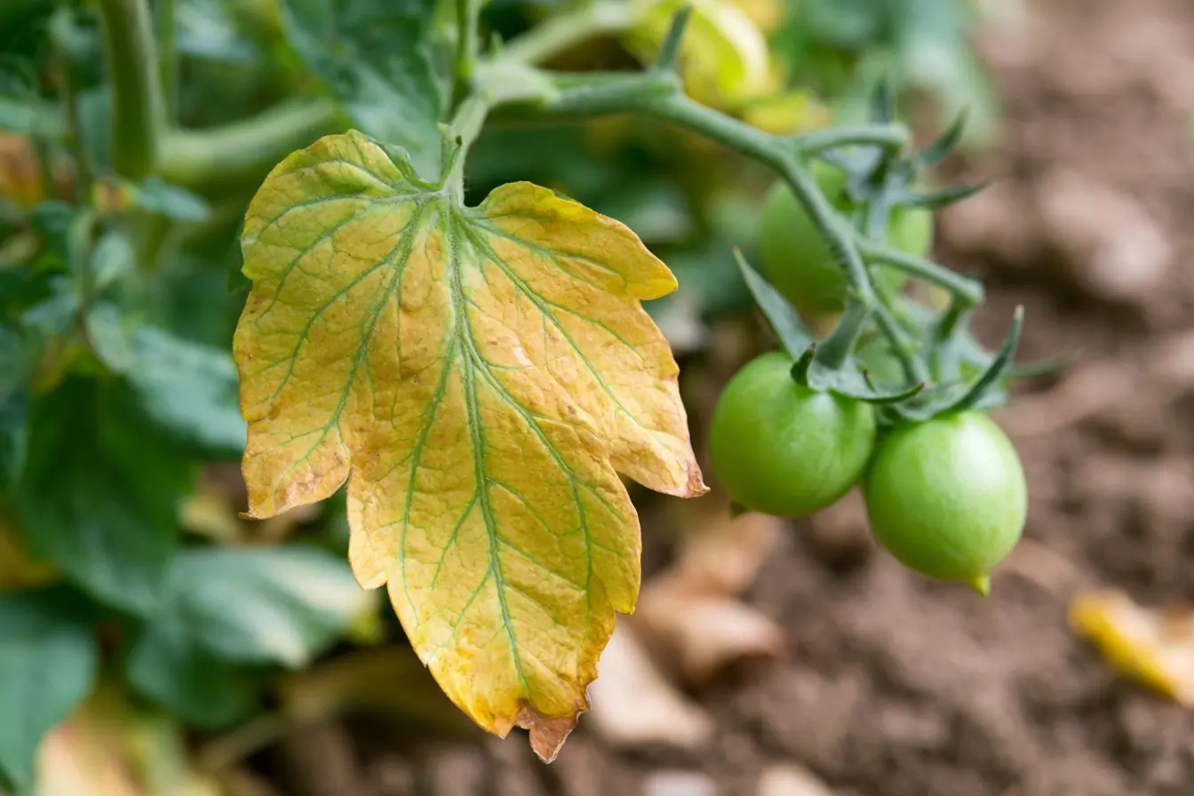 Feuille de tomate jaunie en gros plan