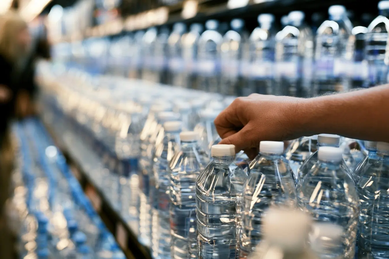 Main prenant une bouteille d’eau minérale