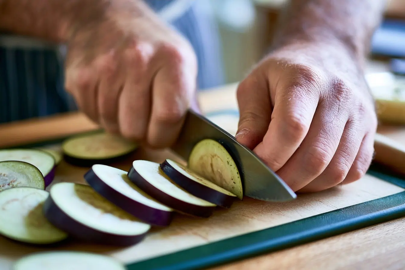 Des mains coupent une aubergine en rondelles