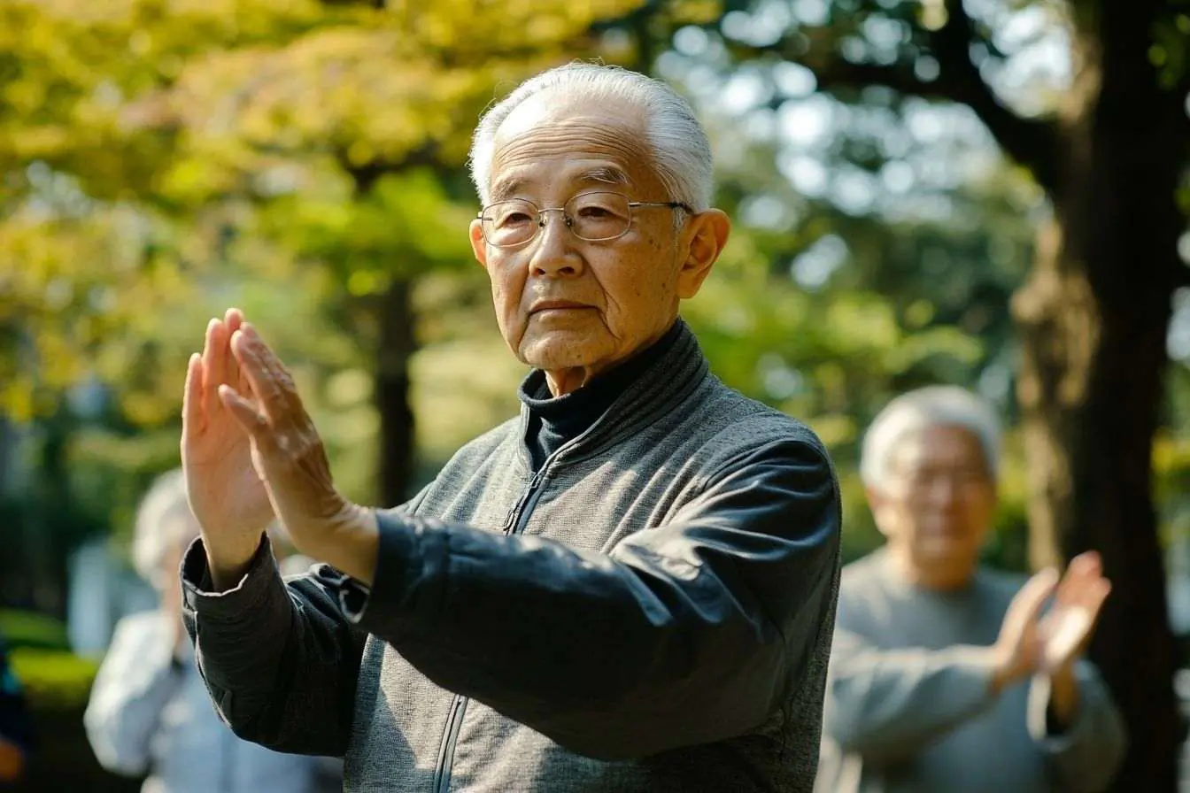 Séniors japonais faisant du Tai Chi dans un cadre naturel