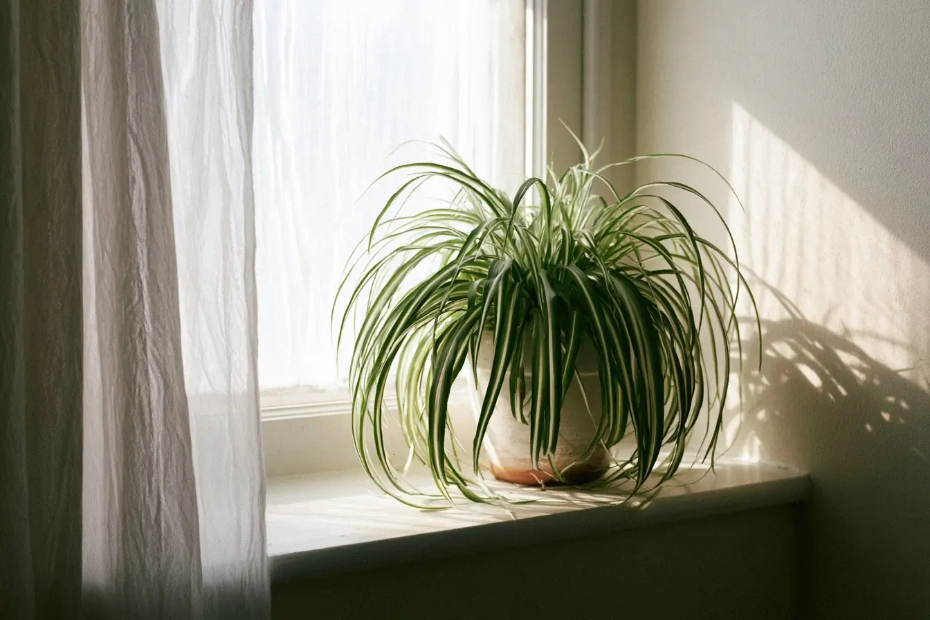 Plante araignée sur rebord de fenêtre
