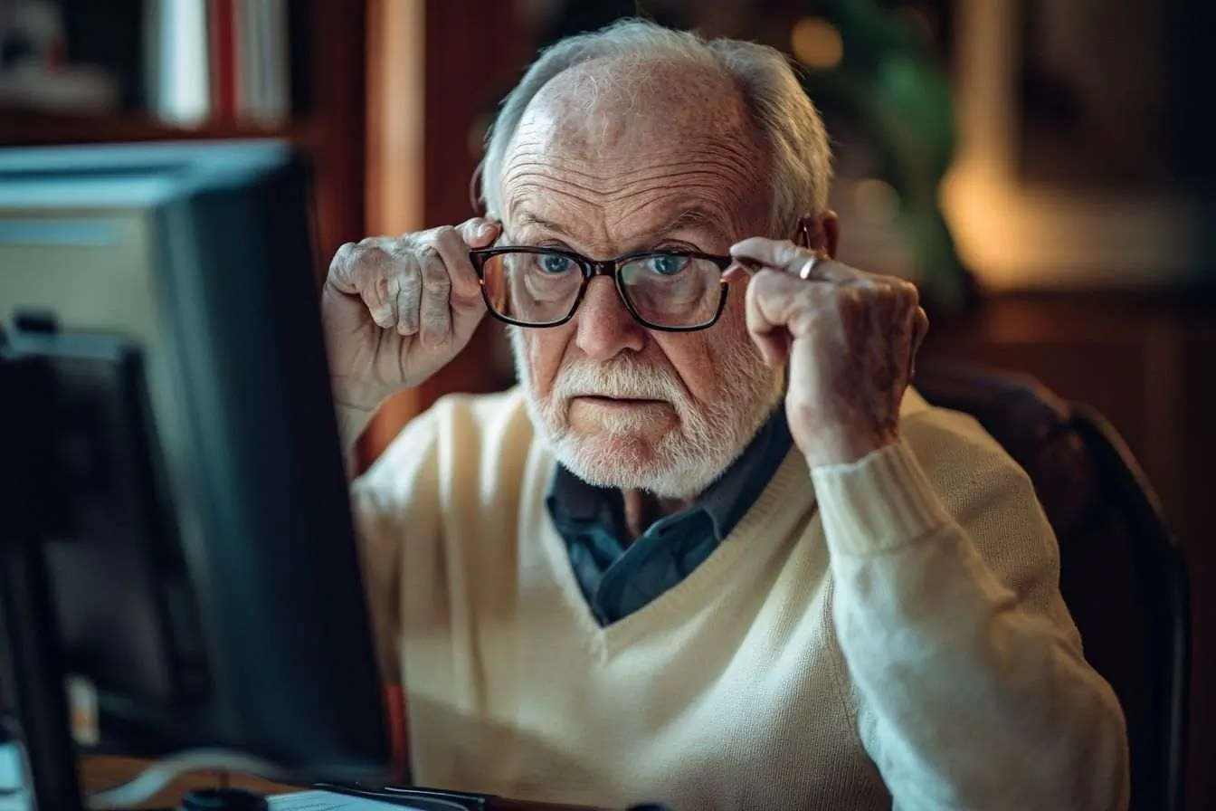 Un retraité assis à un bureau, légèrement confus, ajustant ses lunettes pour lire l'écran.