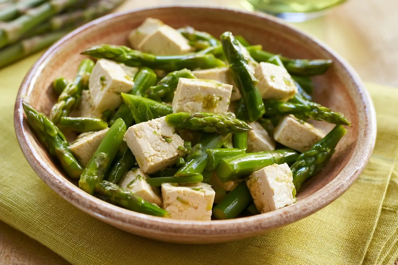 Salade d’asperges au tofu servie