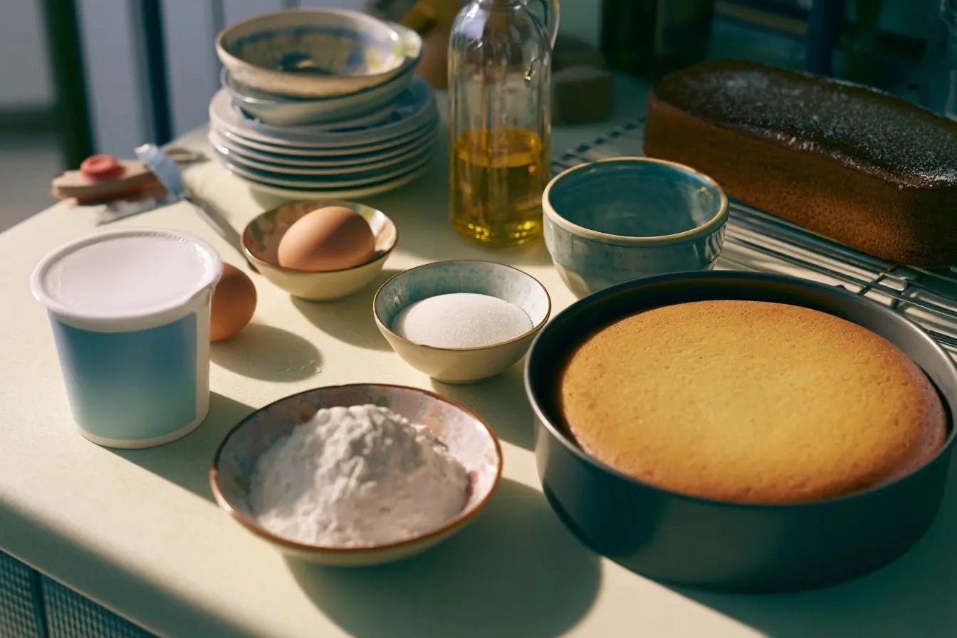 Table de cuisine avec ingredients du gateau