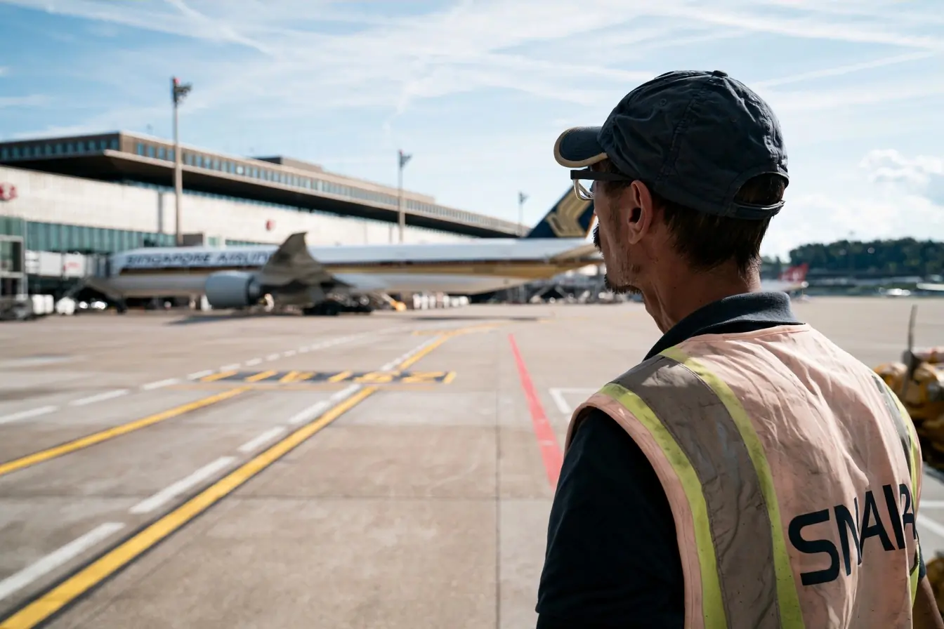 Agent de piste devant un Boeing 777