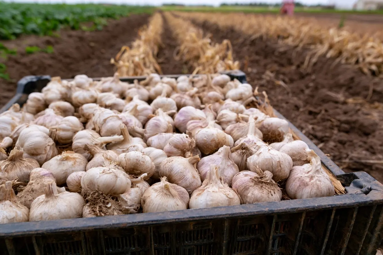 Ail en séchage devant le potager
