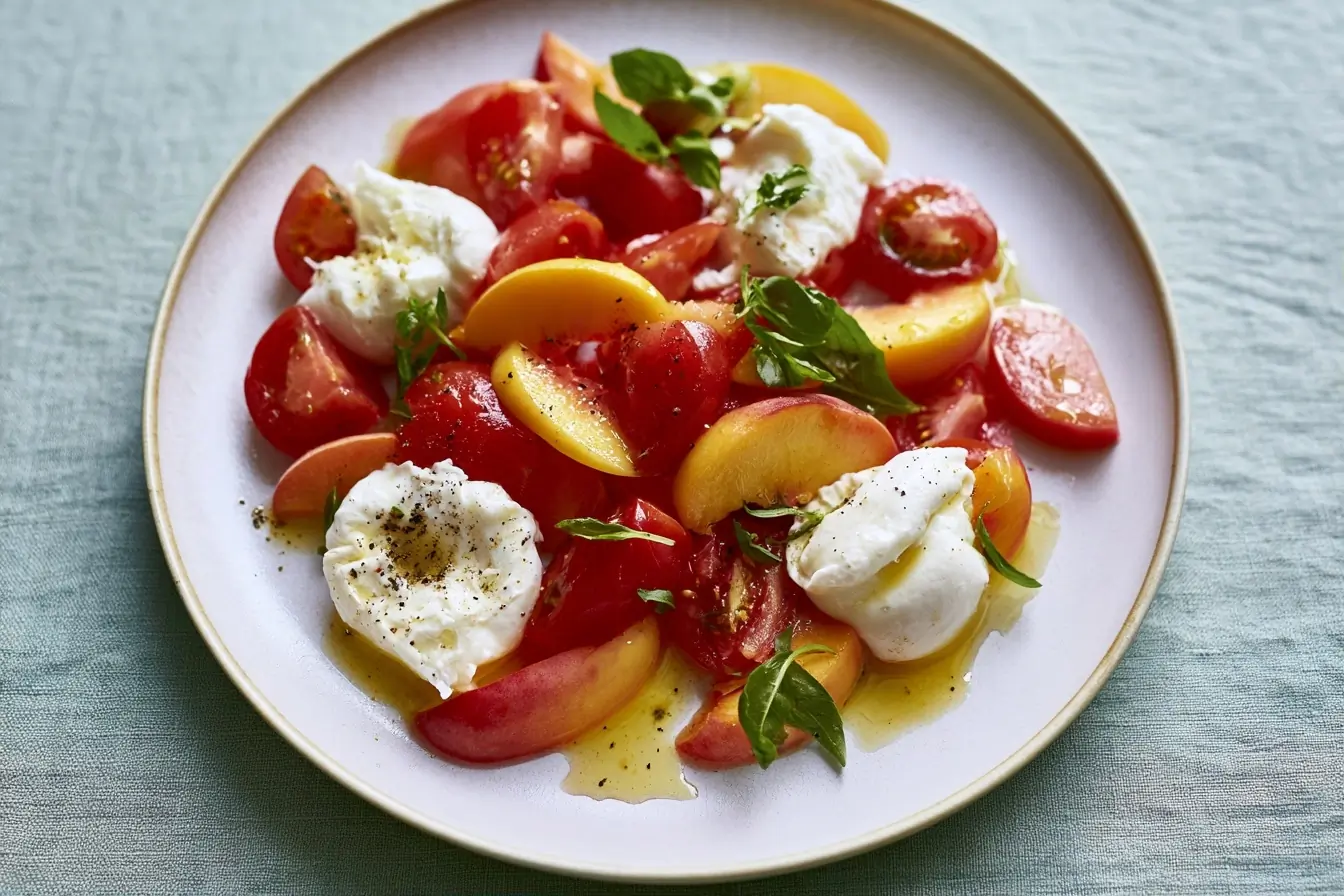 Assiette de salade tomates, pêches et burrata