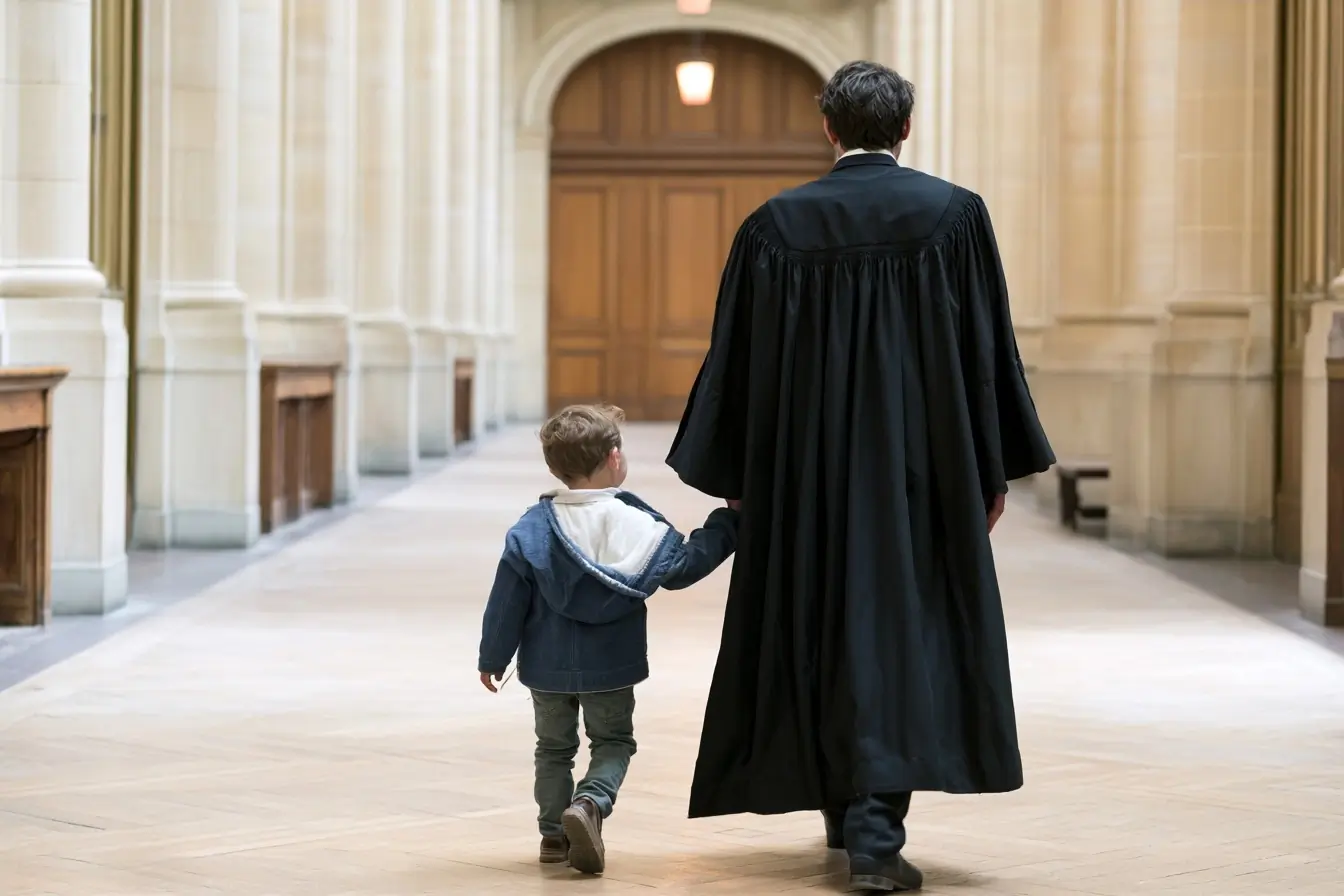 Avocat en robe noire avec un enfant dans le hall