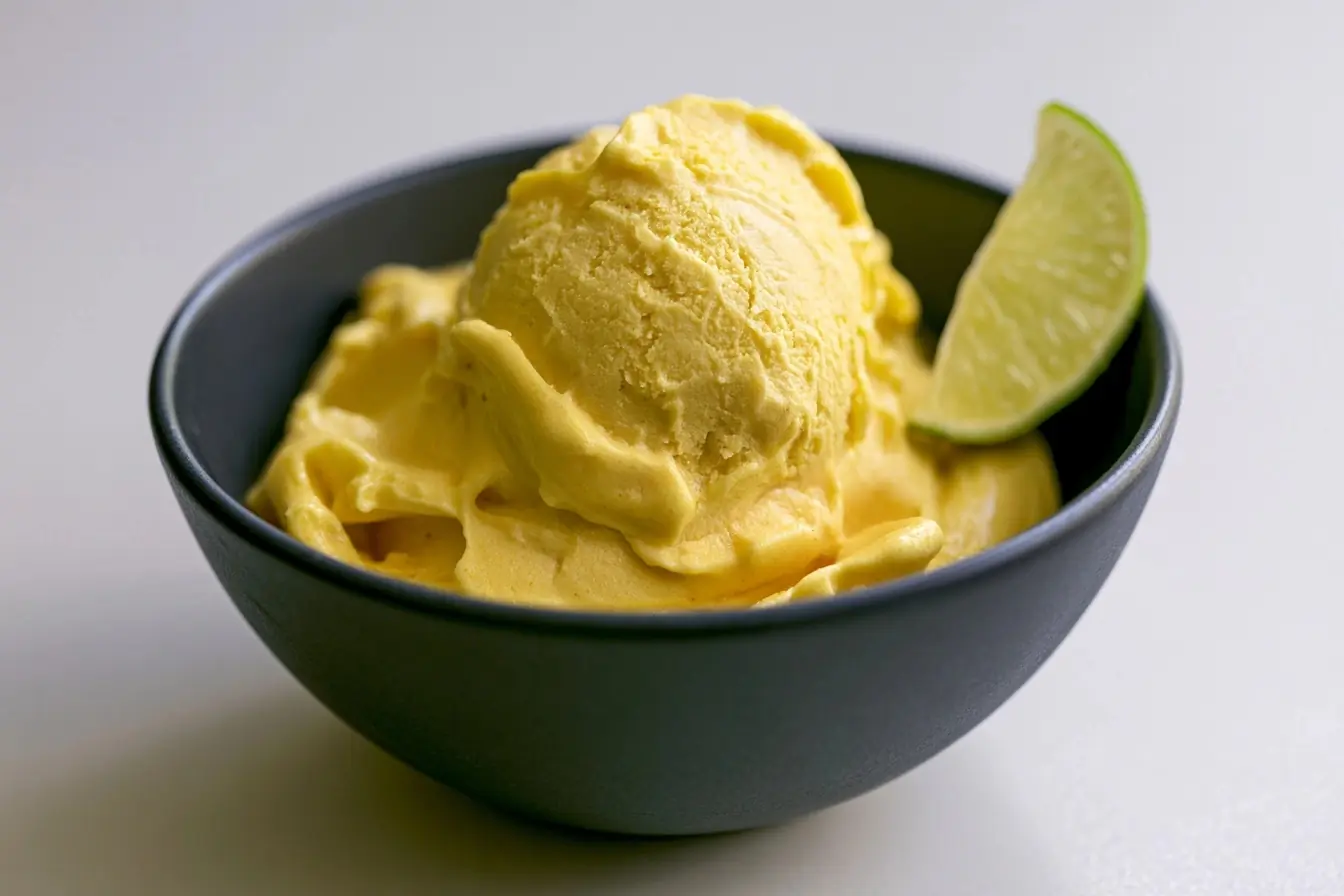 Bol de glace mangue-coco sur table