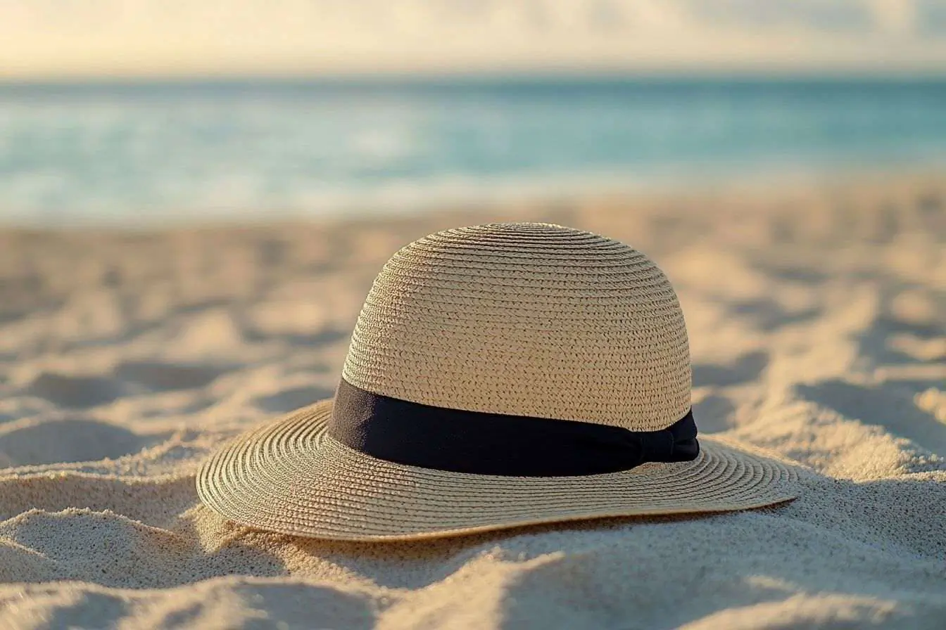 Gros plan d'un chapeau à large bord sur une plage de sable, symbolisant la sécurité solaire et la relaxation.