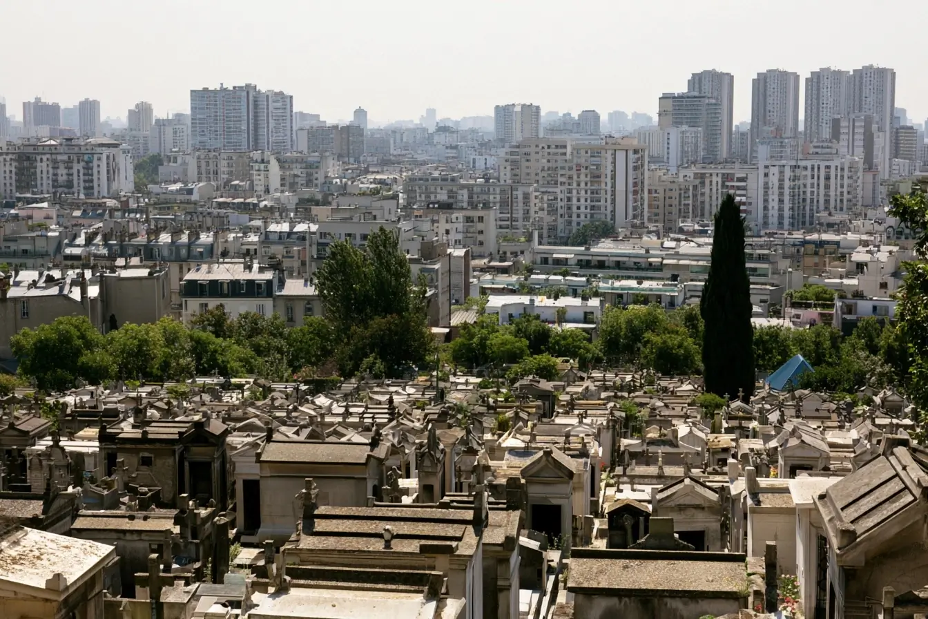 Cimetière urbain sous chaleur de juin