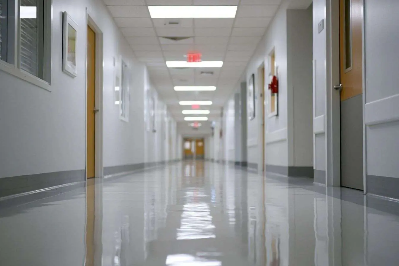 Corridor d'hôpital éclairé avec des murs blancs et un sol contemporain.