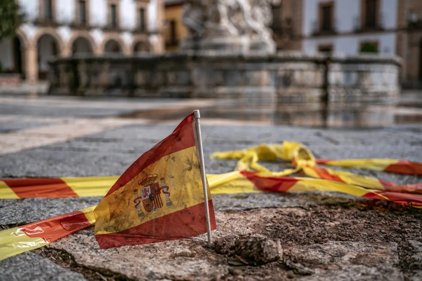 Drapeau espagnol devant la fontaine close