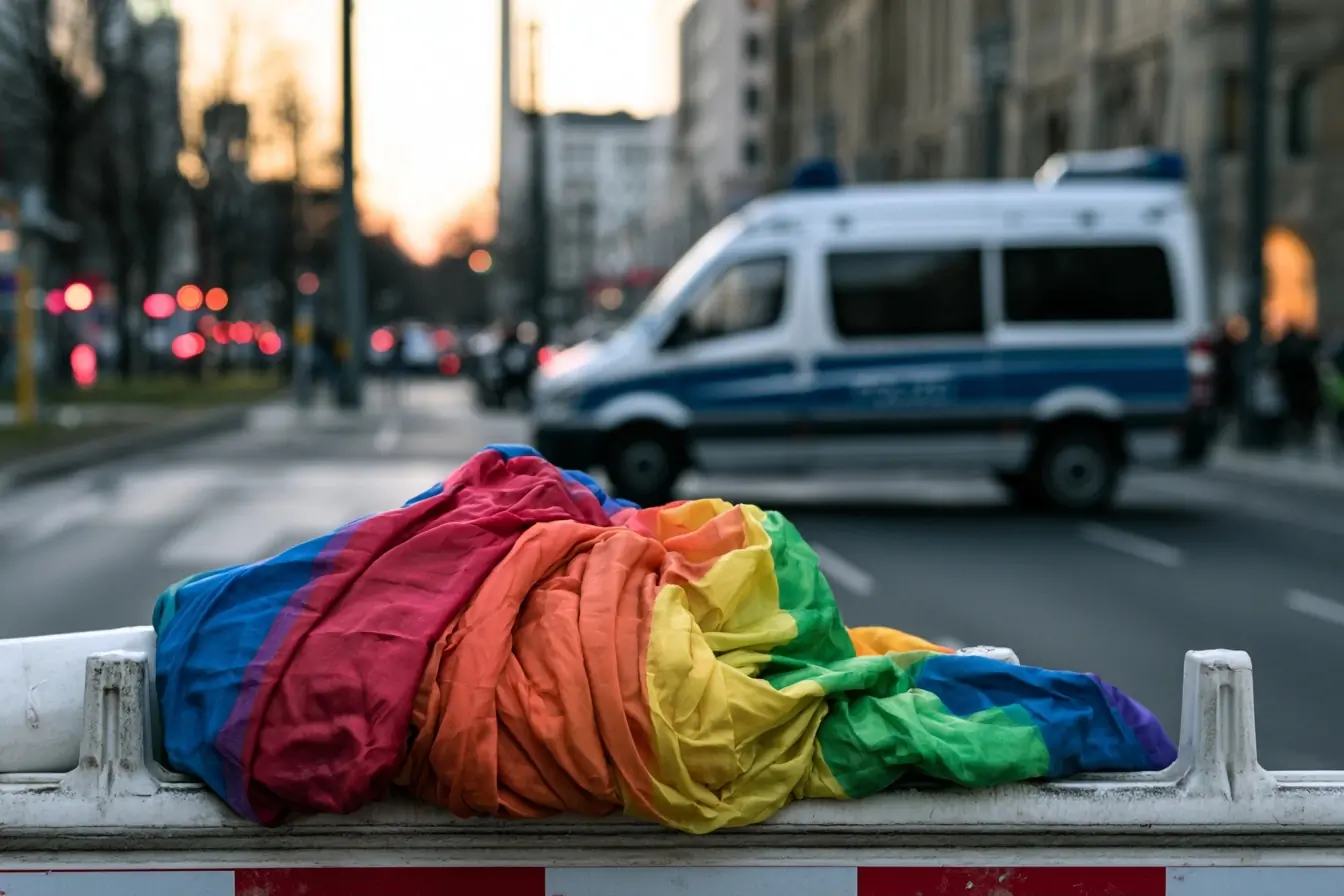 Drapeau de Pride devant fourgon de police