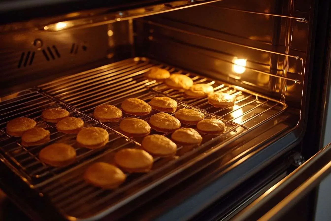 Grille de four en position avec un assortiment parfait de pâtisseries dorées et croustillantes.