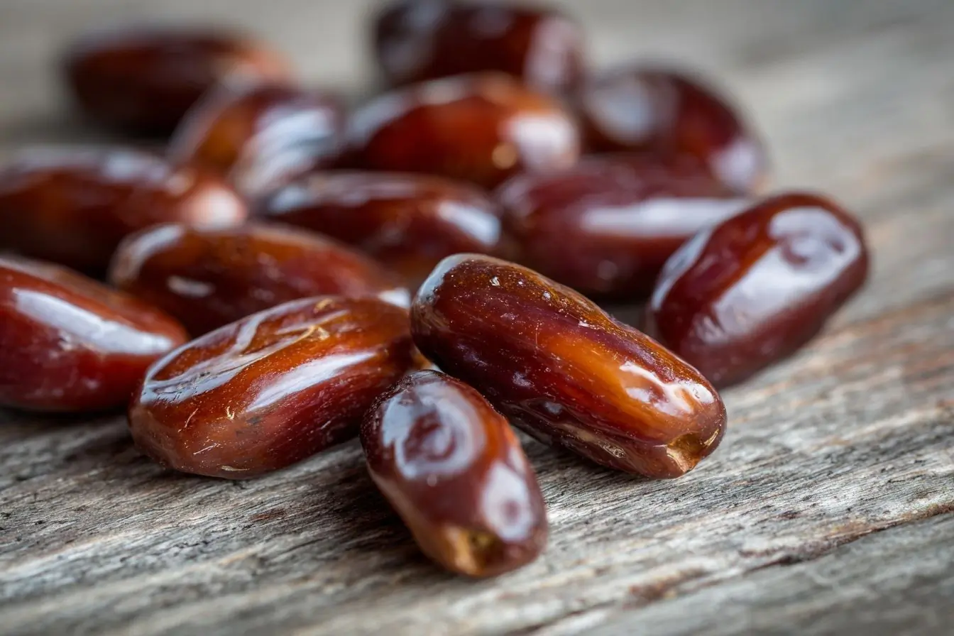 Graines de dattes luisantes sur bois rustique