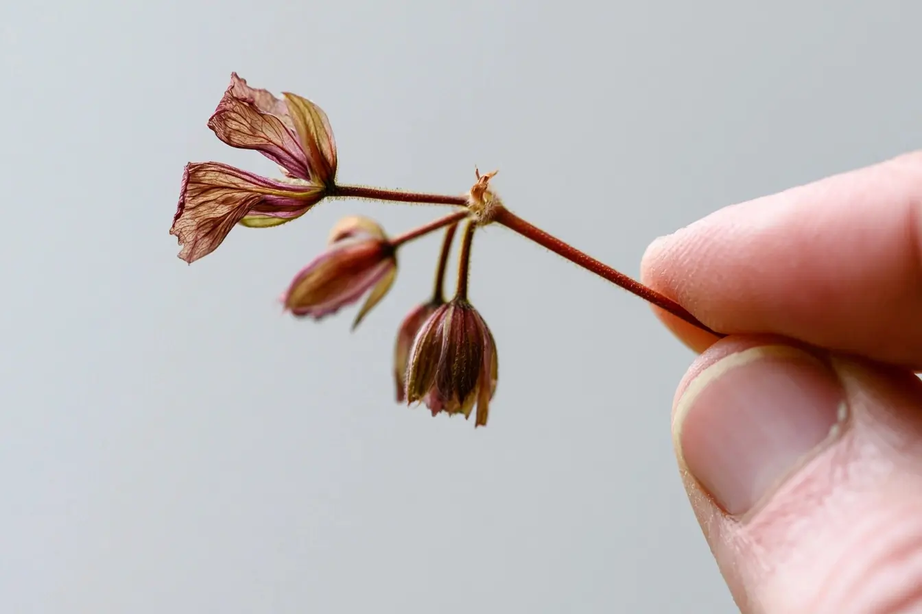 Fleur sèche pincée sur un géranium