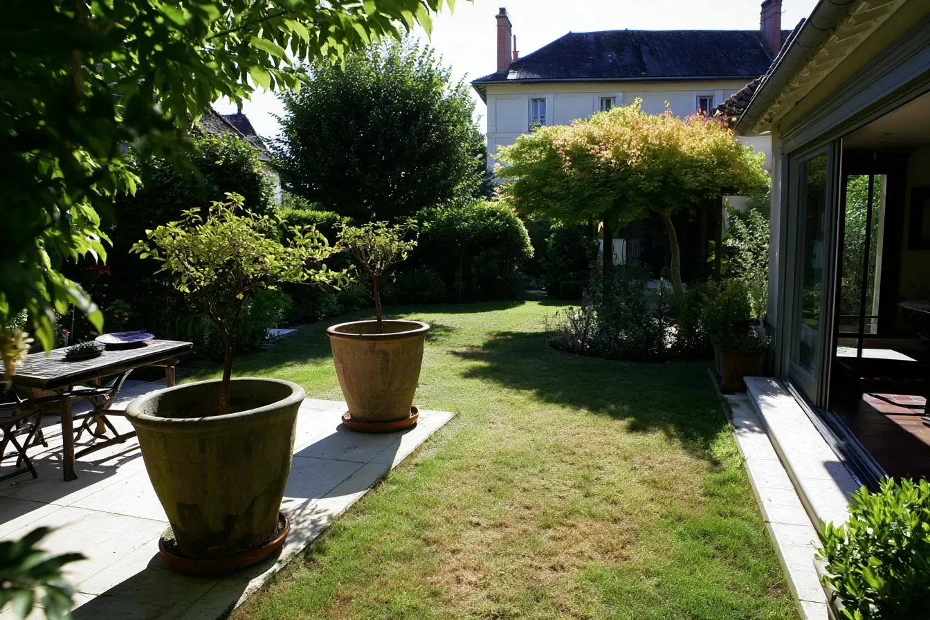 Jardin exposé avec arbres en pot