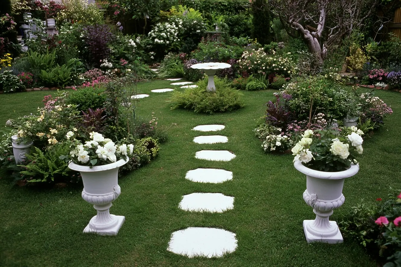 Jardin avec pas japonais en ciment blanc