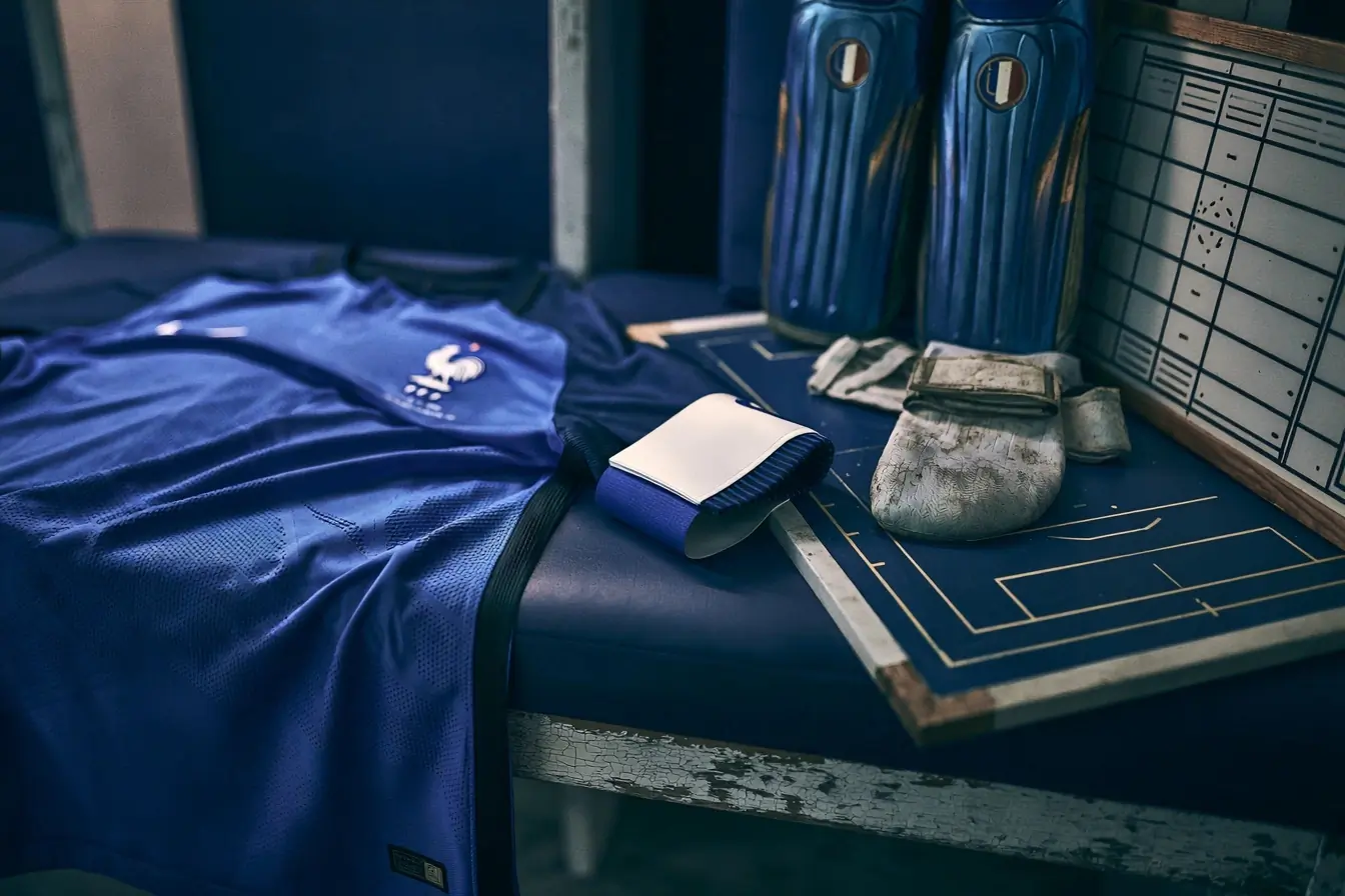 Maillot bleu sur banc de vestiaire