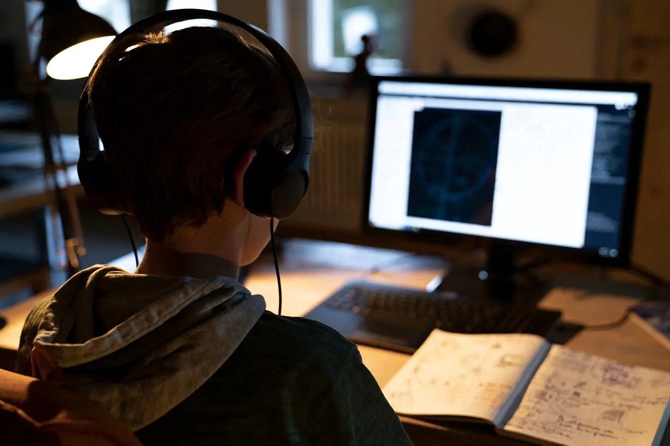 Personne au casque devant cahier et écran