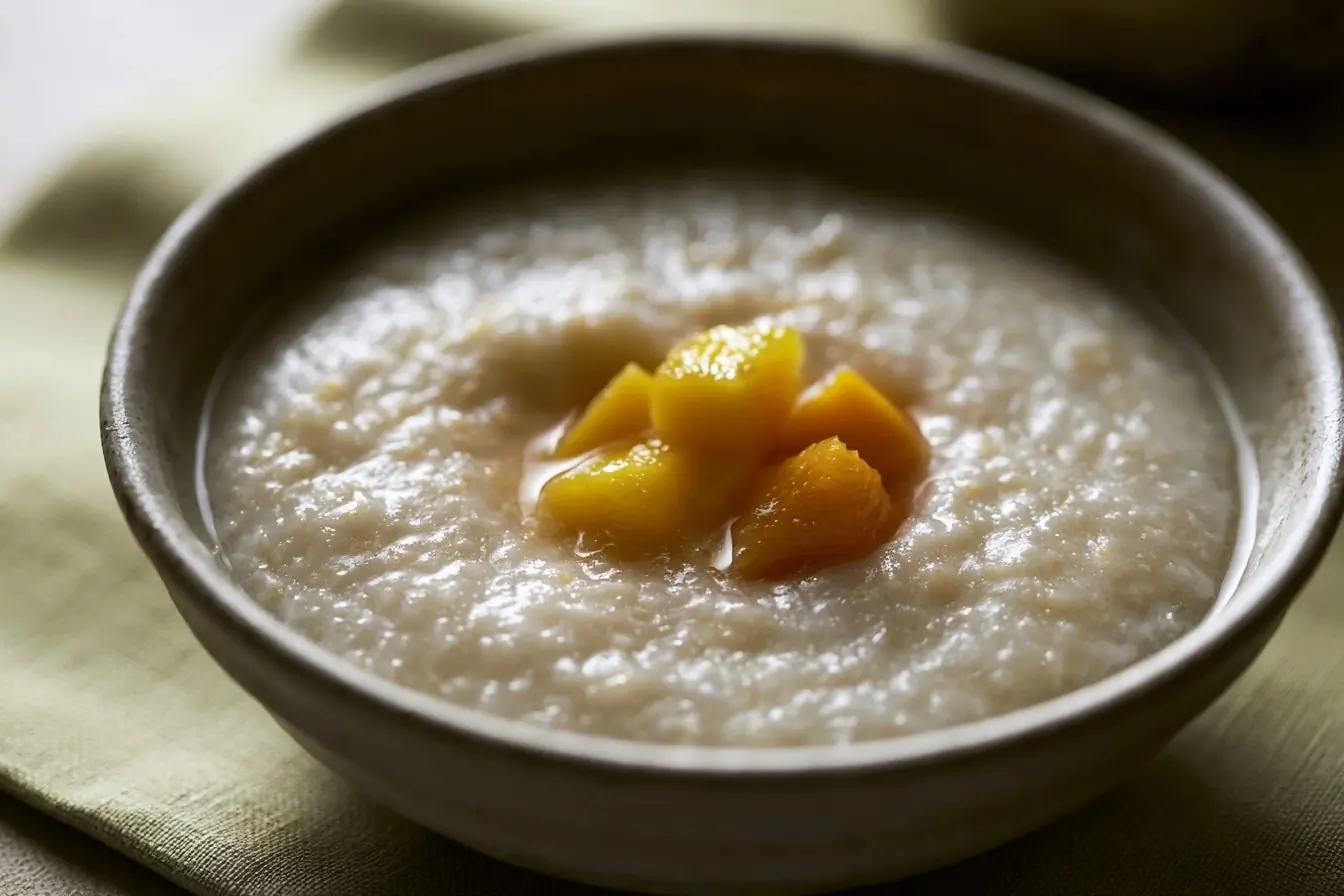 Bol de porridge coco-mangue en gros plan